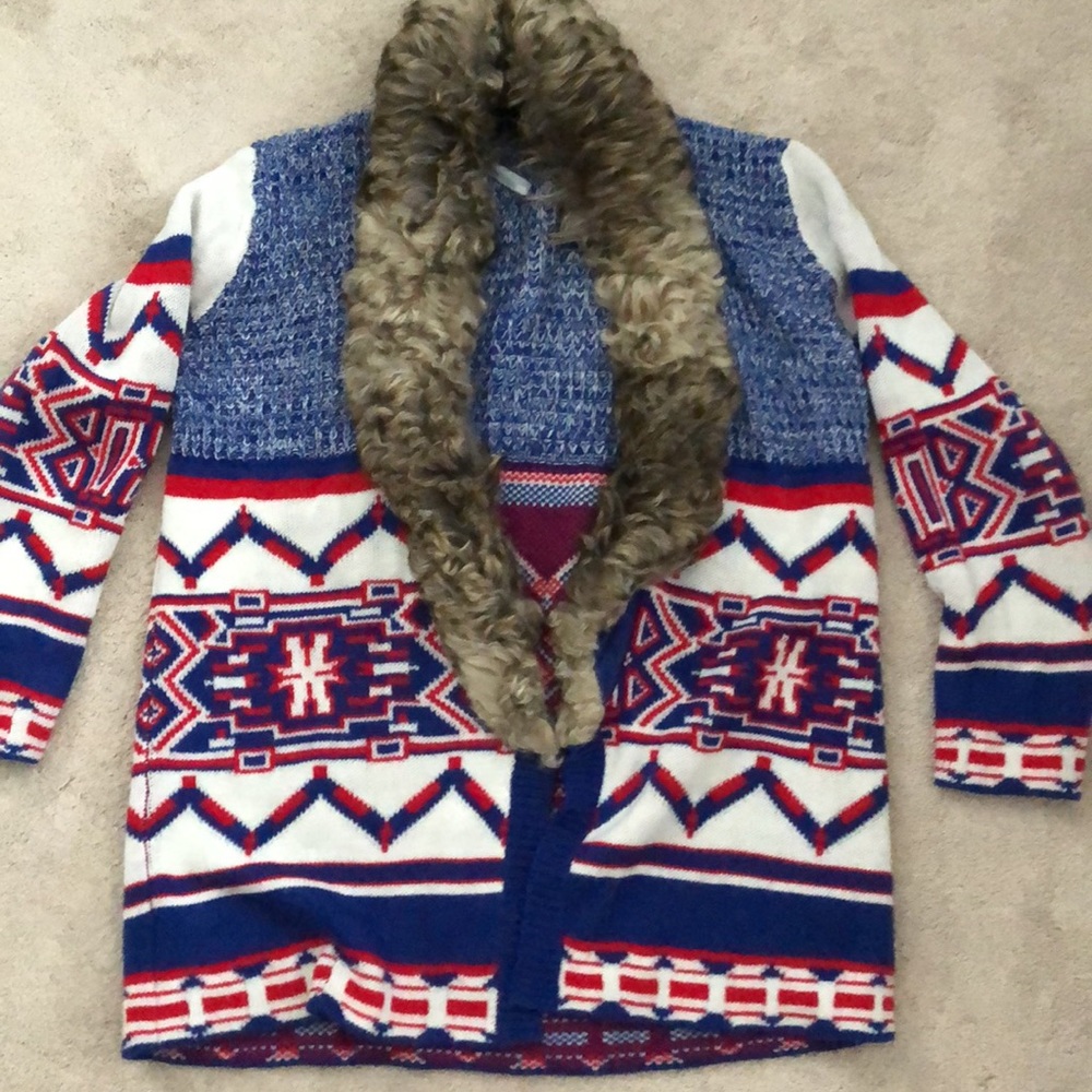 MINKPINK Fairisle Cardigan with Faux Fur Collar